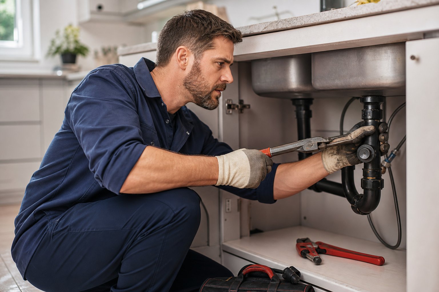 A plumber working under a kitchen sink with tools, fixing pipes in a residential kitchen.