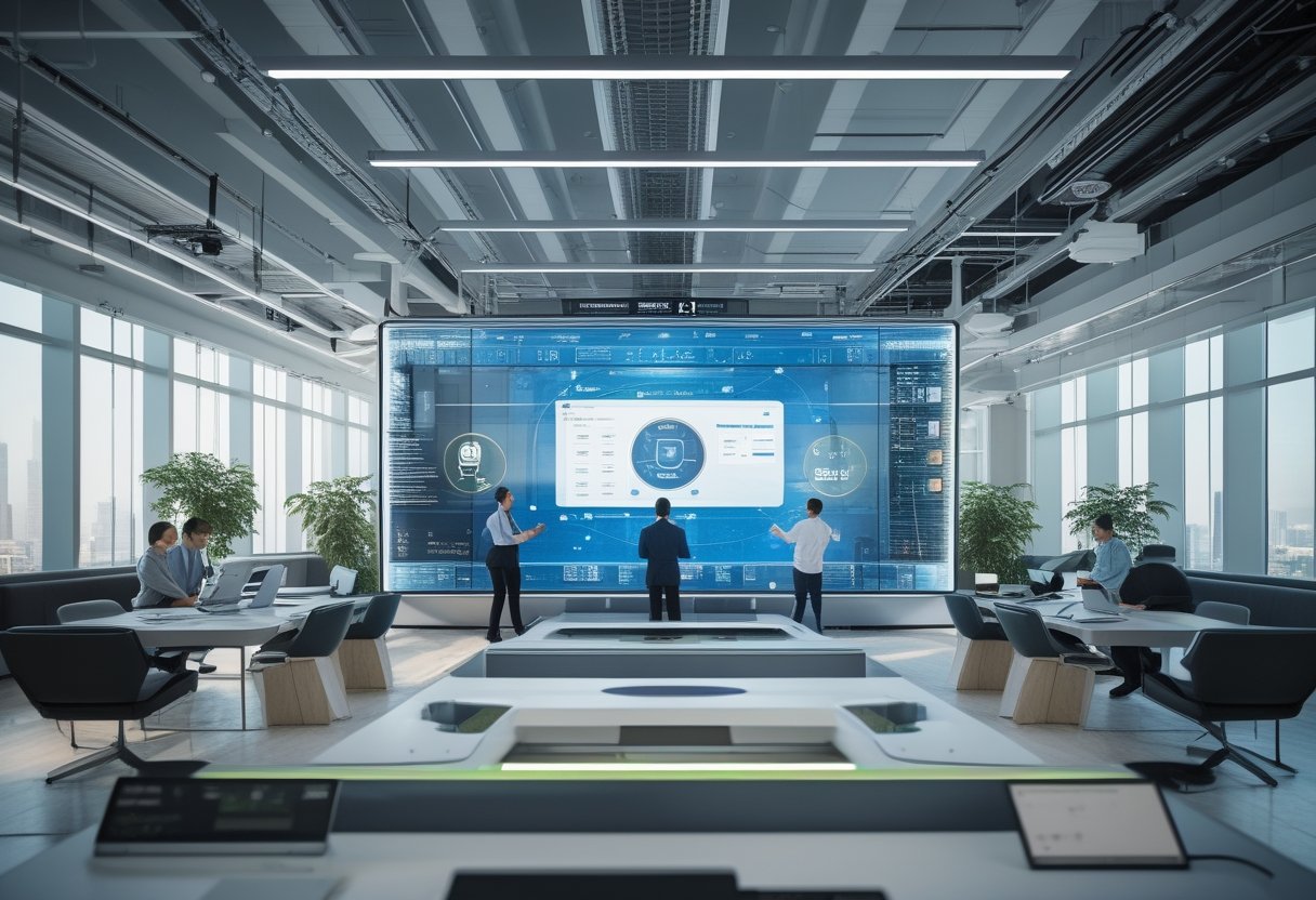 A modern office with employees collaborating around a large interactive digital screen, using smart devices and advanced technology in a bright workspace.