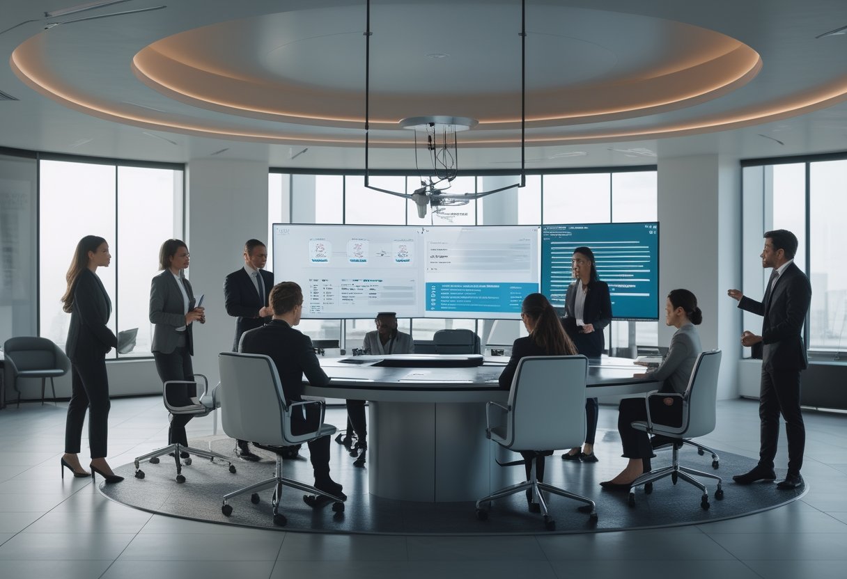 A group of professionals collaborating around a conference table in a modern office with advanced audiovisual equipment and large digital displays.
