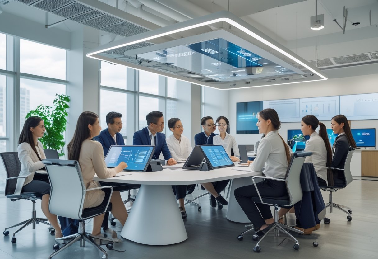 A modern office with diverse professionals collaborating around a high-tech conference table featuring interactive screens and audiovisual devices.