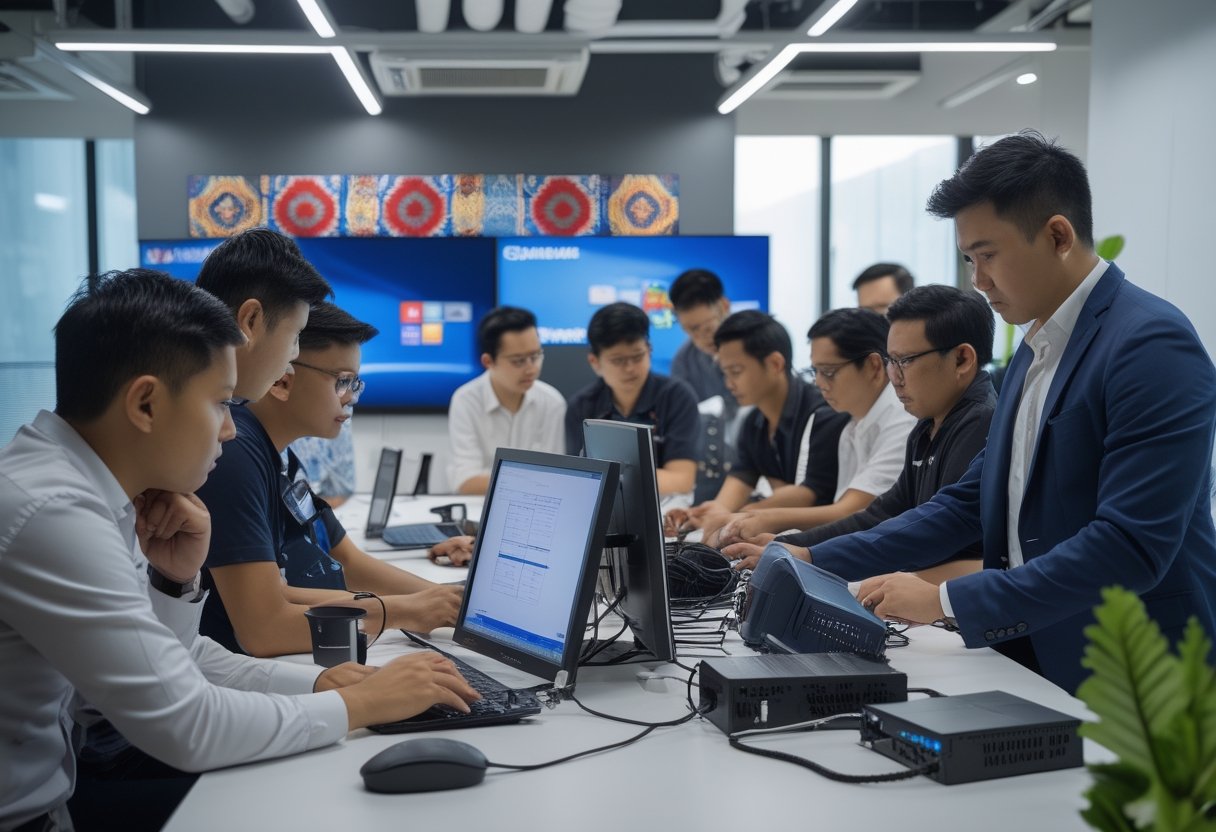 A team of professionals working together around audio visual equipment in a modern office with Indonesian cultural decor.