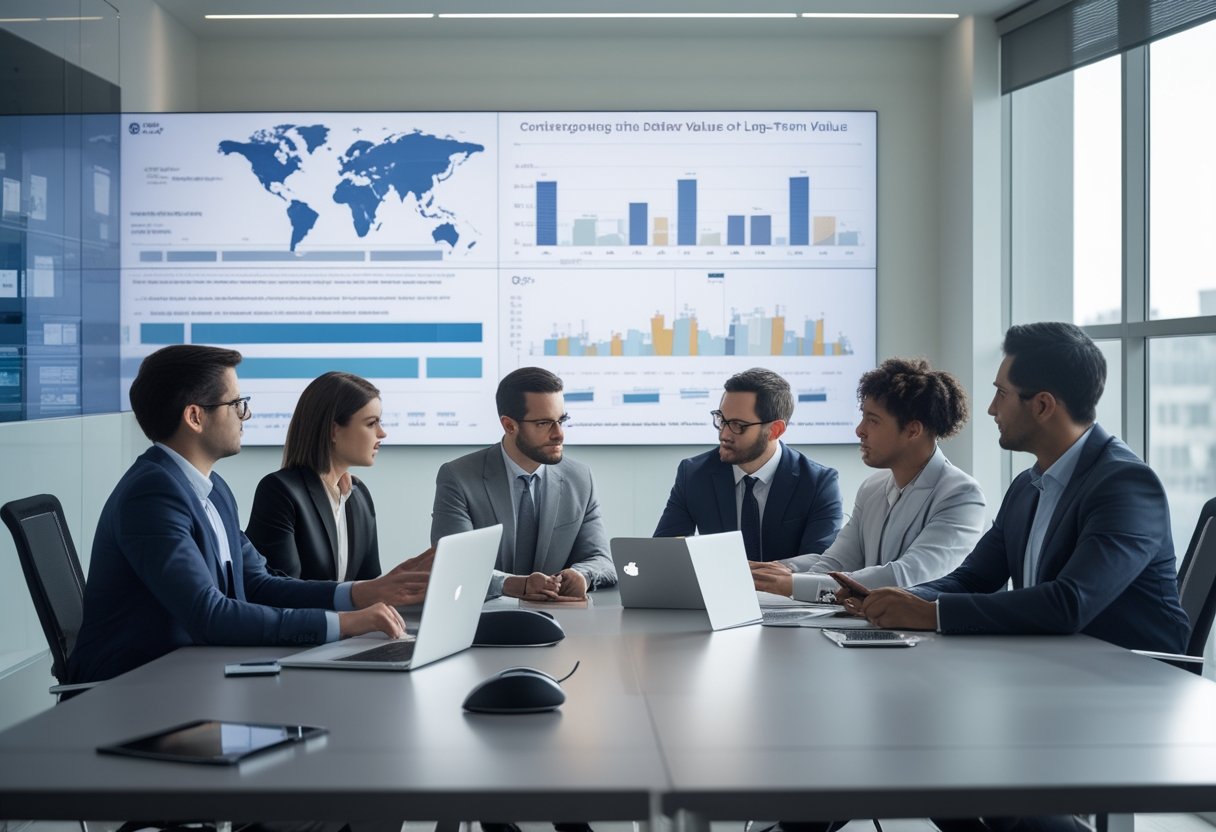 Business professionals discussing data around a conference table with AV equipment and a large screen displaying charts in a modern meeting room.