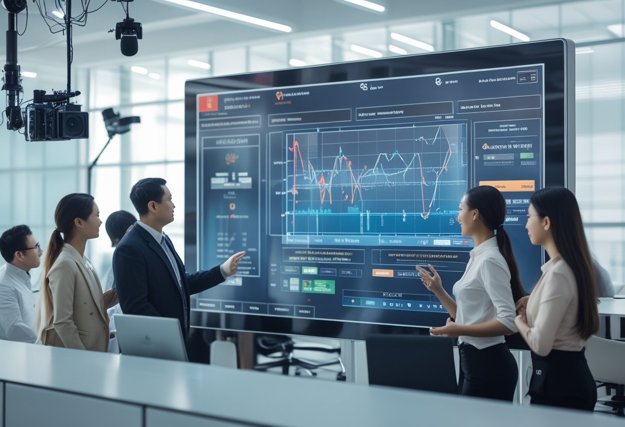 A group of business professionals collaborating around a digital touchscreen display with audiovisual equipment visible in a modern office.