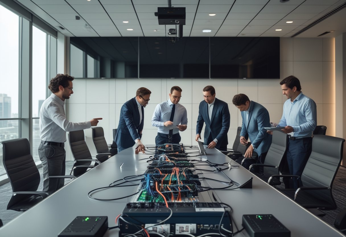 A group of professionals working together in a conference room with audiovisual equipment and cables, troubleshooting a technical setup.