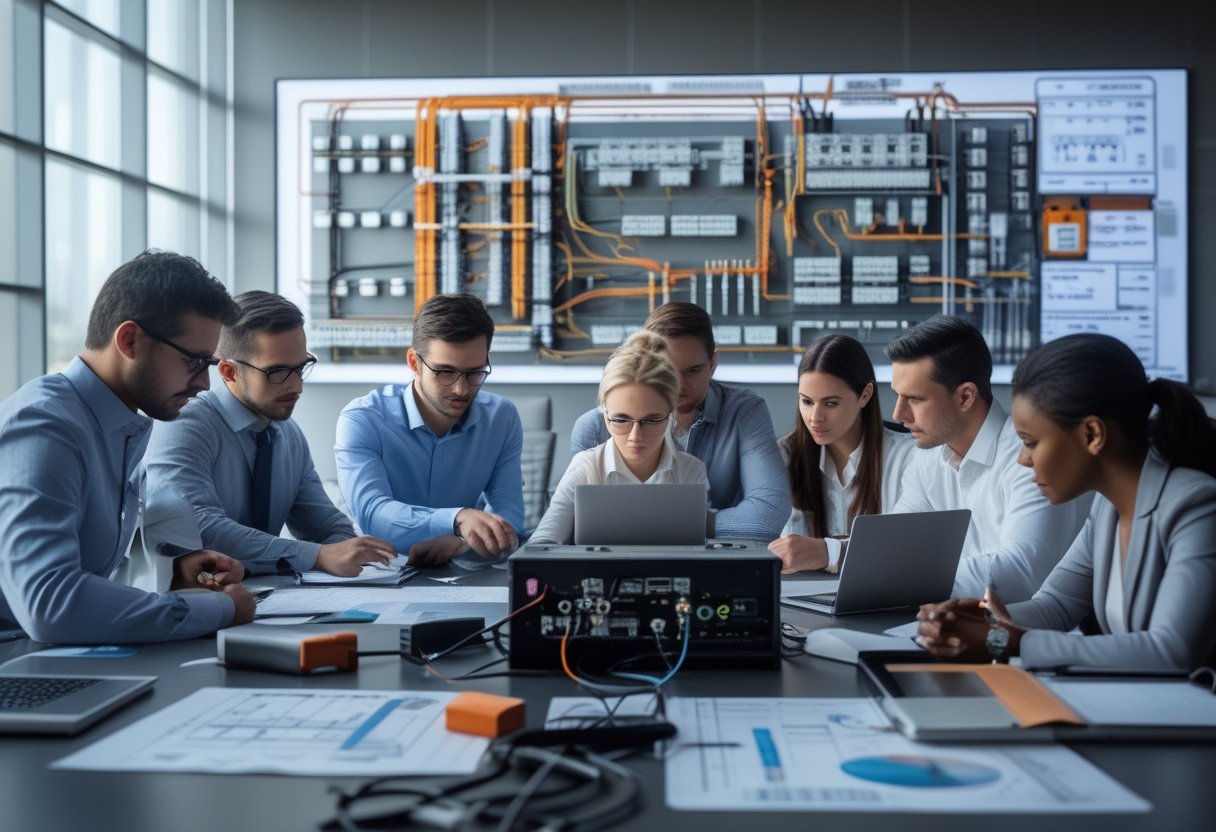 A group of technicians and integrators discussing AV equipment around a conference table, working together to solve installation problems.
