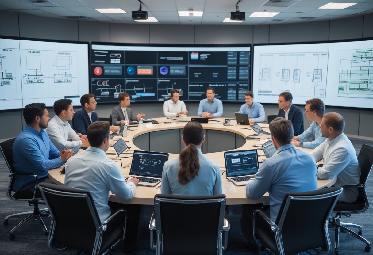 A group of professionals collaborating around a conference table with technical plans and audiovisual equipment in a modern office.