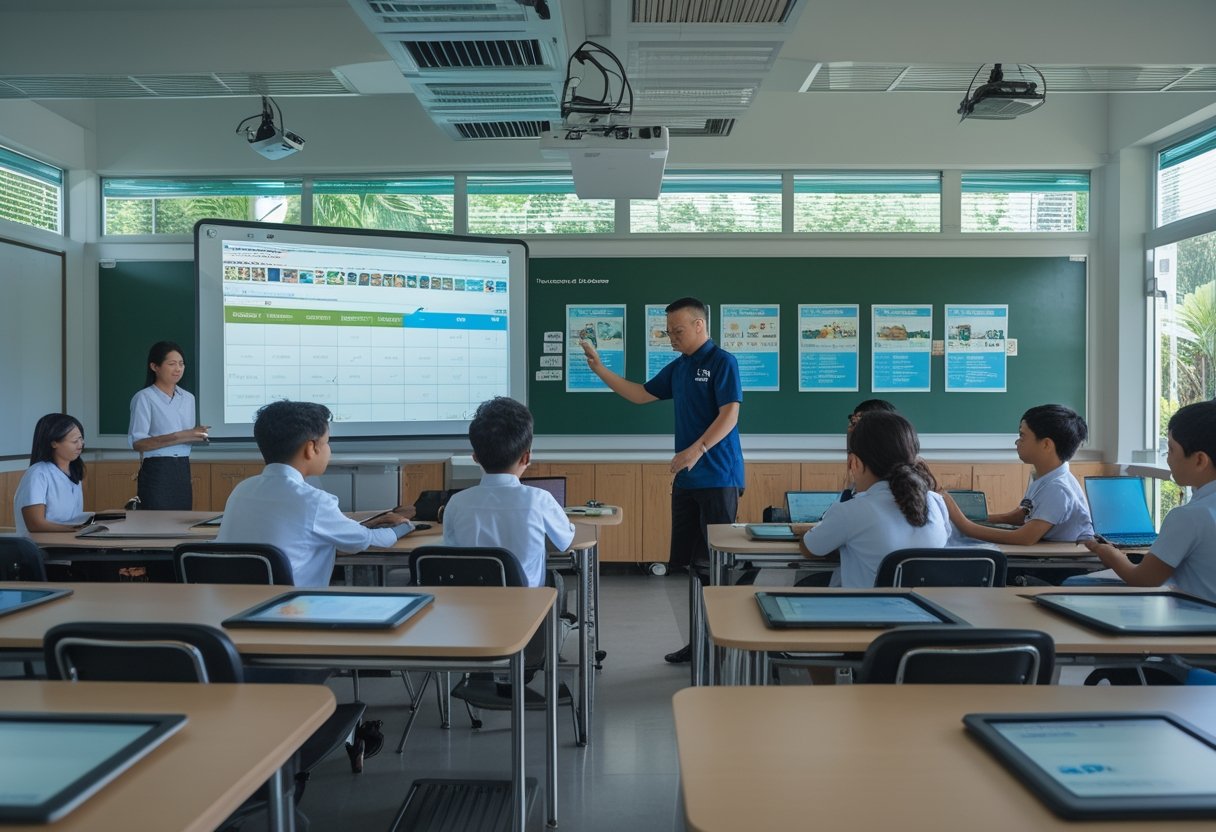 A modern classroom in Indonesia with students and a teacher using interactive smart board and digital devices for learning.