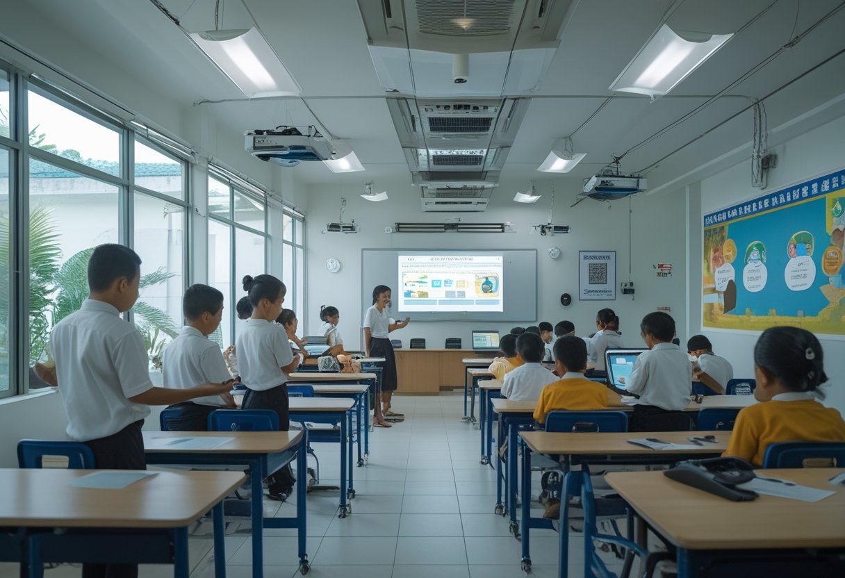 Indonesian students and a teacher using interactive digital whiteboards and tablets in a bright, modern classroom equipped with audiovisual technology.