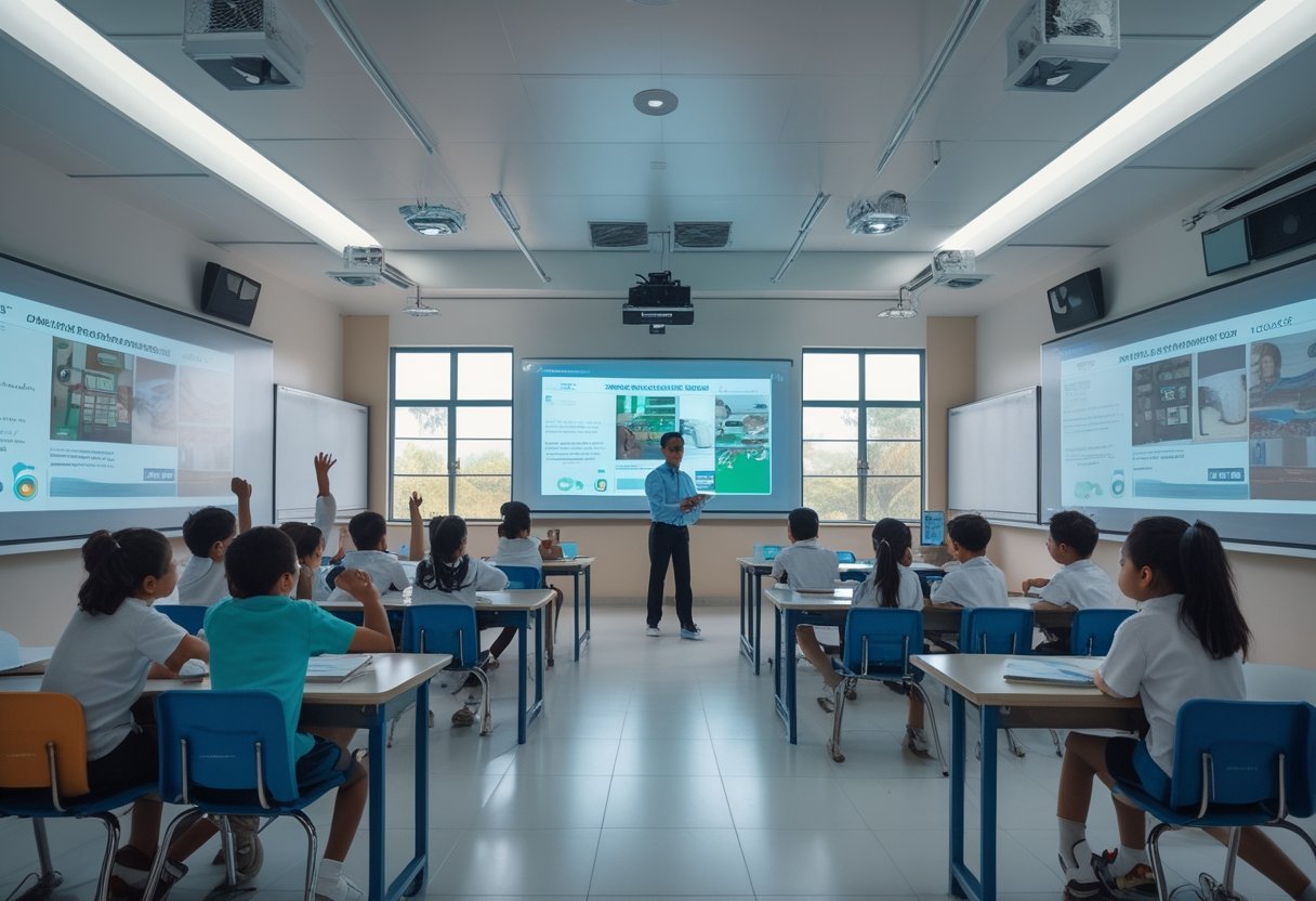 A teacher leading a lesson in a modern classroom with students using interactive smart boards and audio-visual equipment.