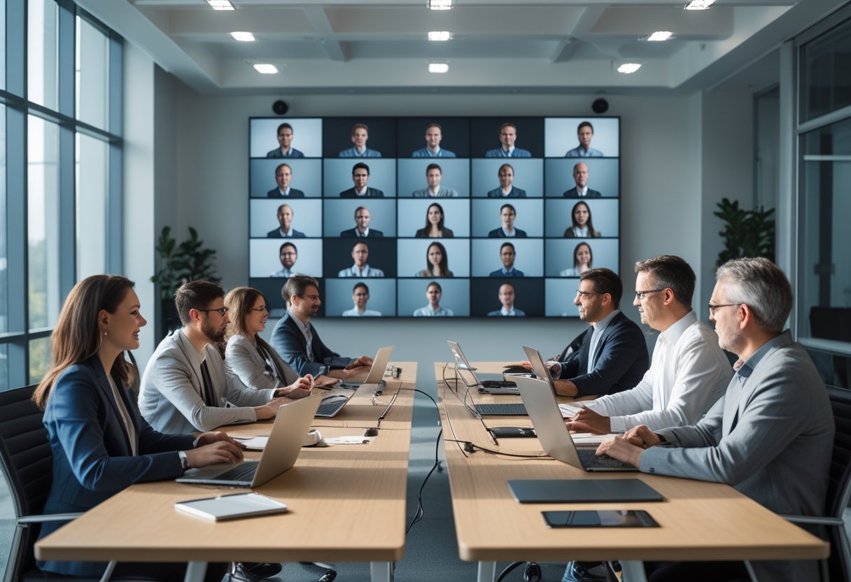 A group of people in a conference room participating in a video meeting with remote participants shown on a large screen.