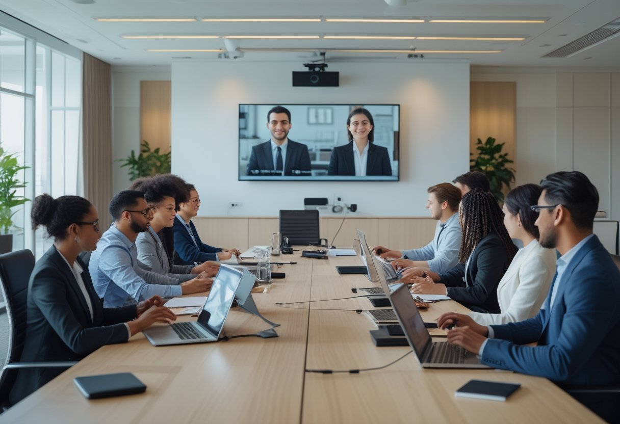 A group of diverse professionals participating in a hybrid meeting with some attendees in a conference room and others joining remotely via a large video screen.