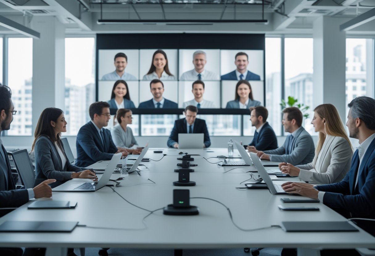 A diverse group of professionals in a conference room having a hybrid meeting with some participants onsite and others joining via video call on a large screen.