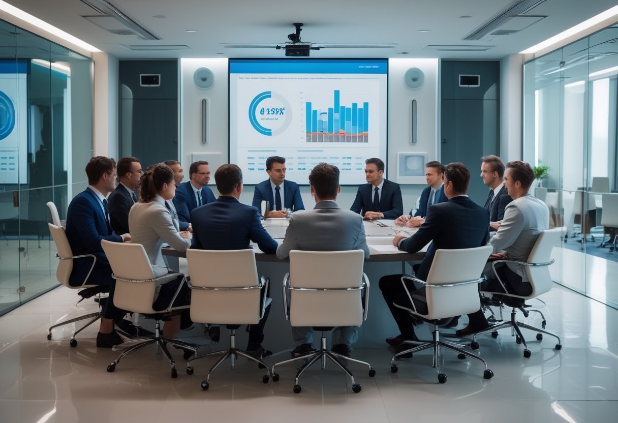 A group of business professionals having a meeting in a modern conference room with large screens and AV equipment.