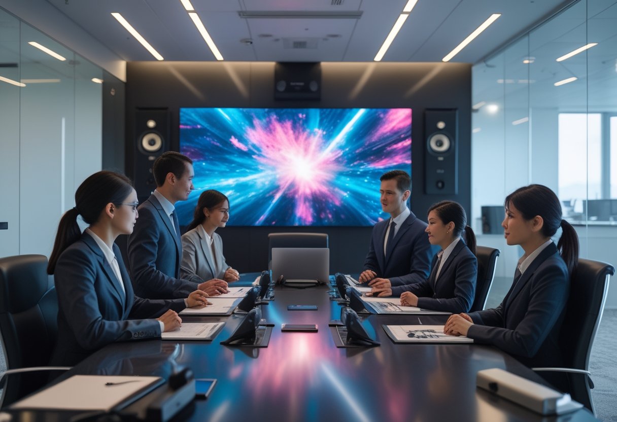 A group of business professionals in a modern conference room with a large display screen, engaged in a meeting that highlights advanced audiovisual technology.