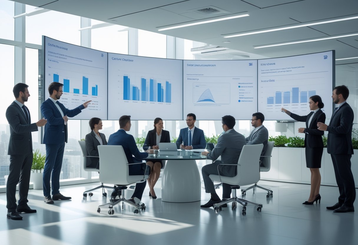 A group of business professionals in a modern office collaborating around a table with large screens displaying charts and AV equipment.