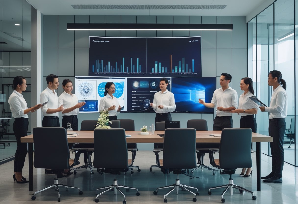 Sekelompok profesional sedang berdiskusi di ruang kantor modern dengan peralatan audio visual canggih di sekitar mereka.