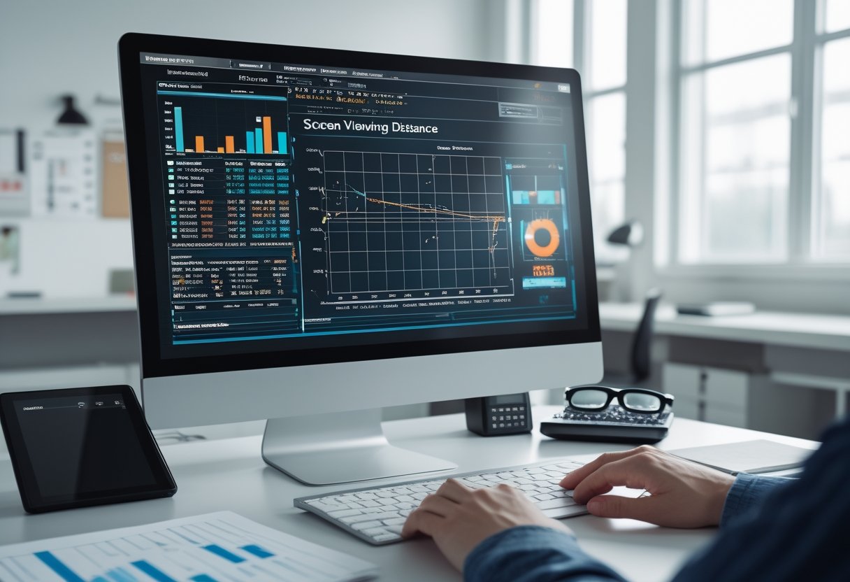 Sebuah ruang kerja modern dengan komputer yang menampilkan grafik dan data perhitungan jarak pandang layar, dikelilingi dokumen teknis dan alat tulis di meja.