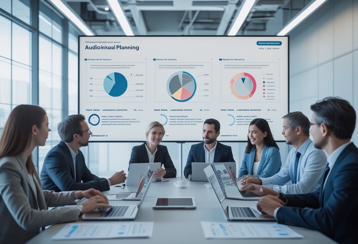 Sekelompok profesional sedang berdiskusi di ruang kantor modern dengan layar digital besar yang menampilkan data dan diagram terkait perencanaan audiovisual.