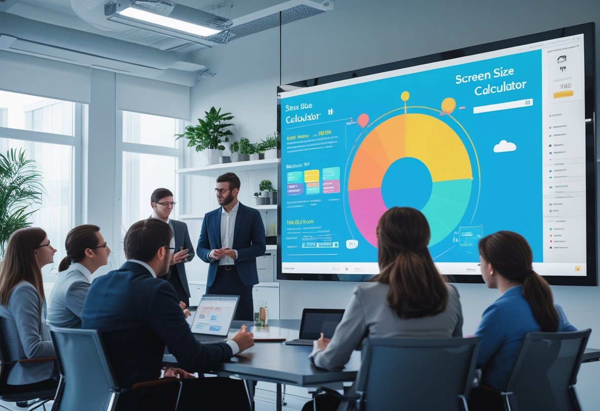 Sekelompok profesional bisnis sedang memperhatikan layar digital besar yang menampilkan alat kalkulator ukuran layar dalam sebuah ruang kantor modern.