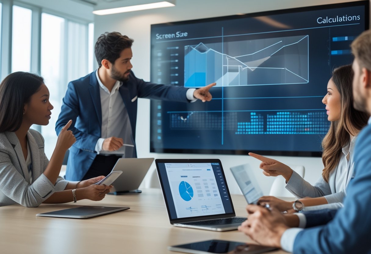 Sekelompok profesional sedang berdiskusi di ruang konferensi modern dengan layar besar yang menampilkan grafik dan data, fokus pada pengambilan keputusan terkait ukuran layar.