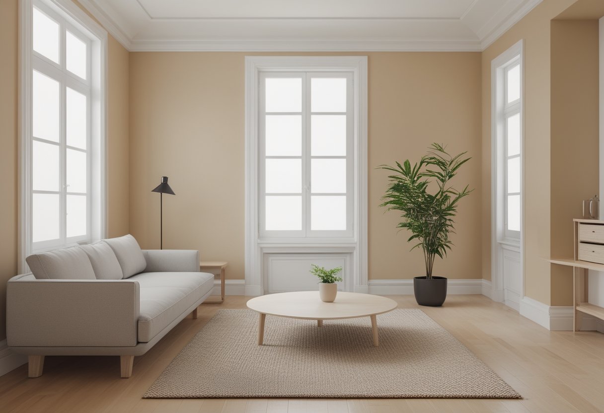 22 Stunning Minimalist Living Room Ideas To Maximize Space And Style 1 minimalist living room ideas neutral colour palette warm beige walls white trim gray sofa wooden coffee table