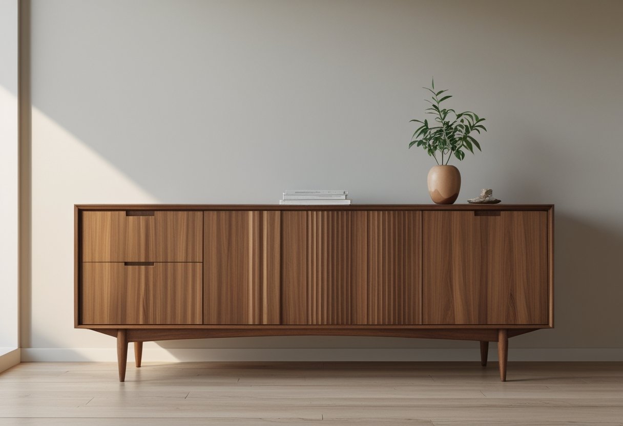 22 Stunning Minimalist Living Room Ideas To Maximize Space And Style 3 minimalist living room ideas mid century modern walnut credenza plant vase books warm wood grain