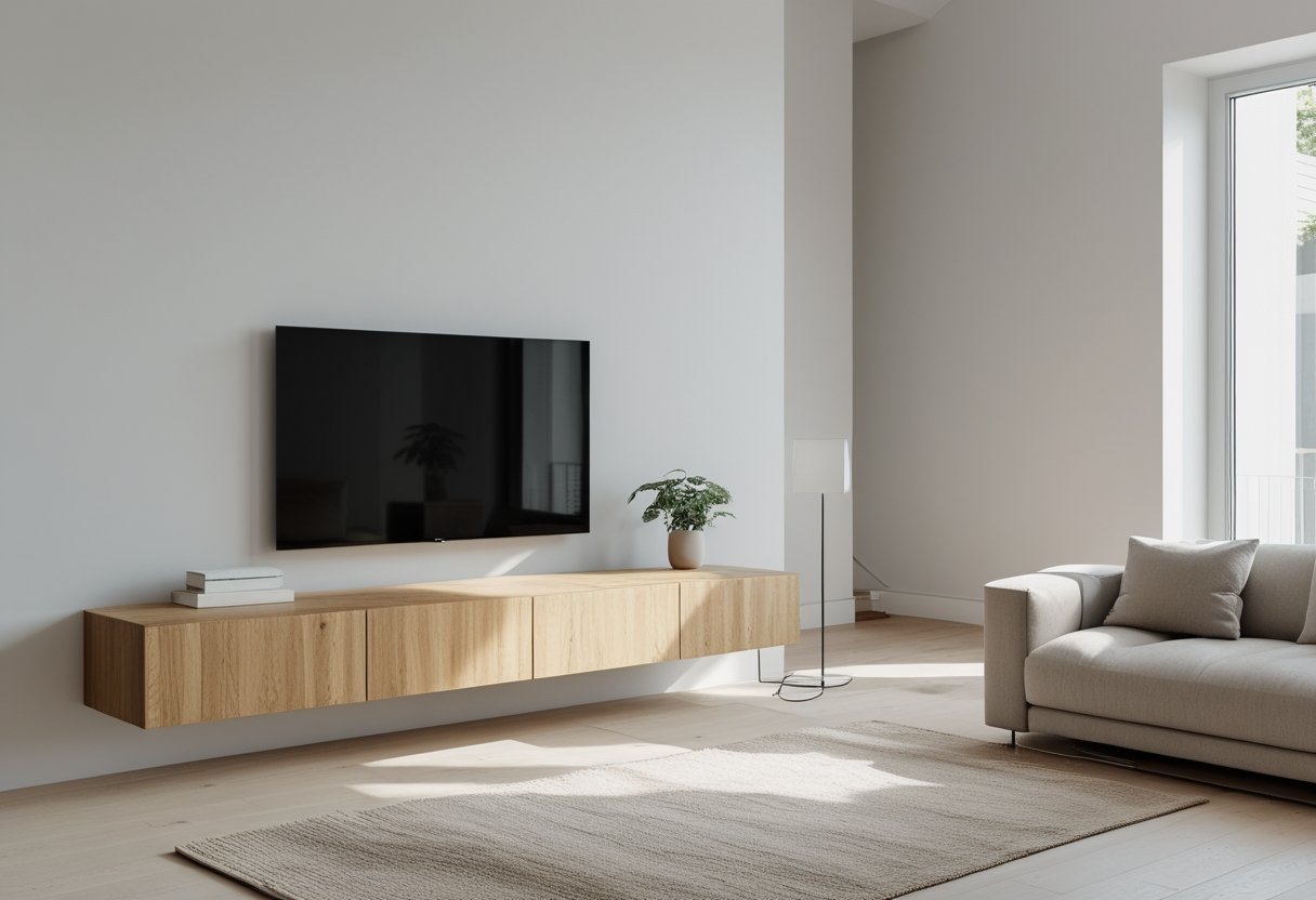 22 Stunning Minimalist Living Room Ideas To Maximize Space And Style 4 minimalist living room ideas floating oak media console wall mounted sofa rug large windows natural light