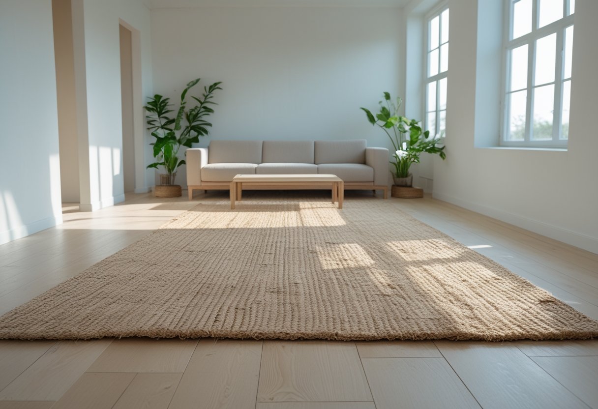 22 Stunning Minimalist Living Room Ideas To Maximize Space And Style 7 minimalist living room ideas large natural fibre jute area rug sofa coffee table plants large windows bright