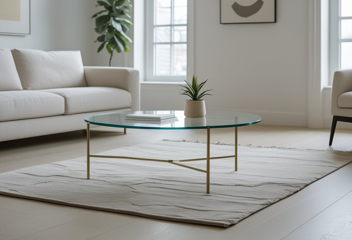 22 Stunning Minimalist Living Room Ideas To Maximize Space And Style 9 minimalist living room ideas round glass coffee table thin brass base sofa armchair large windows natural light