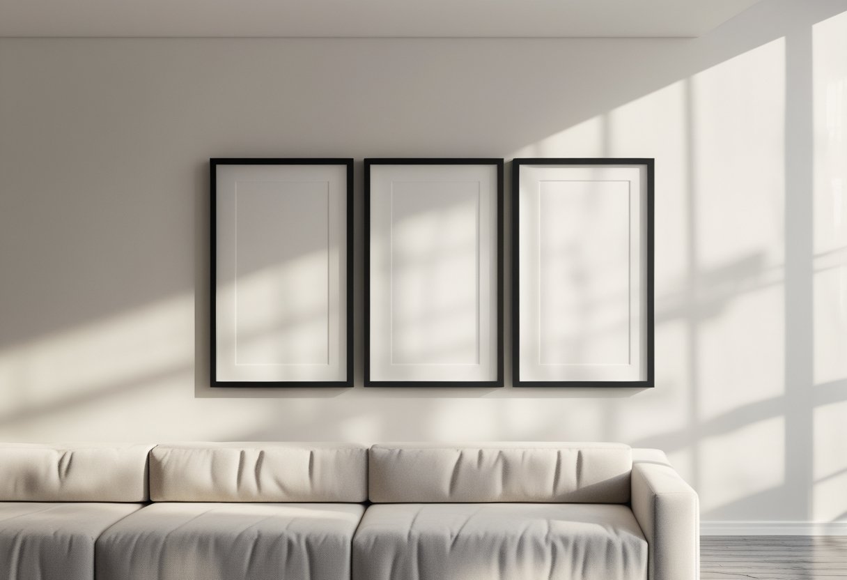 22 Stunning Minimalist Living Room Ideas To Maximize Space And Style 11 minimalist living room ideas gallery wall three black frames white mats neutral coloured wall clean balanced