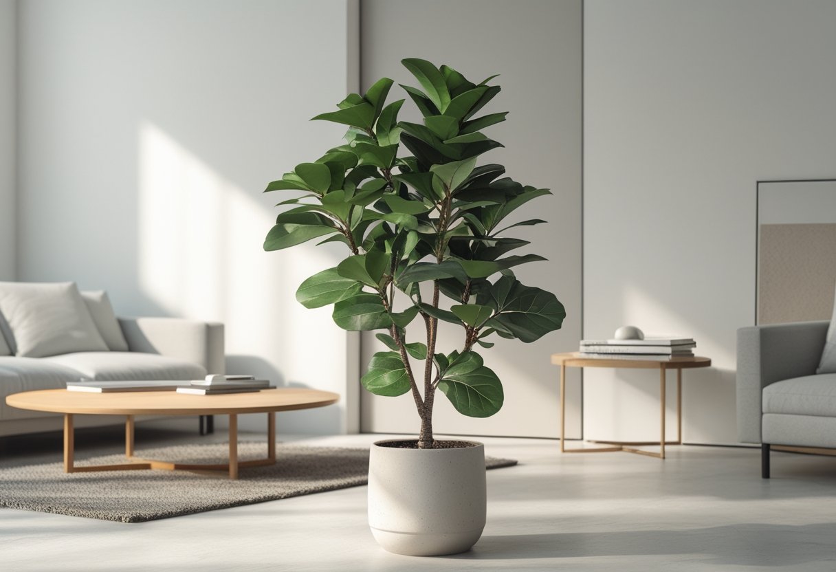22 Stunning Minimalist Living Room Ideas To Maximize Space And Style 12 minimalist living room ideas tall fiddle leaf fig matte ceramic pot living room sofa coffee table natural light