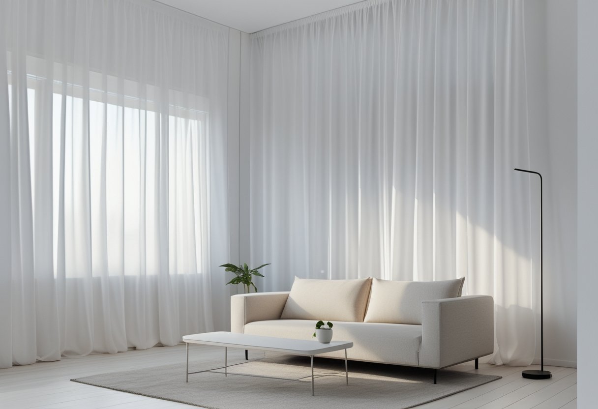 22 Stunning Minimalist Living Room Ideas To Maximize Space And Style 13 minimalist living room ideas sheer white curtains large windows sofa coffee table small plant bright airy