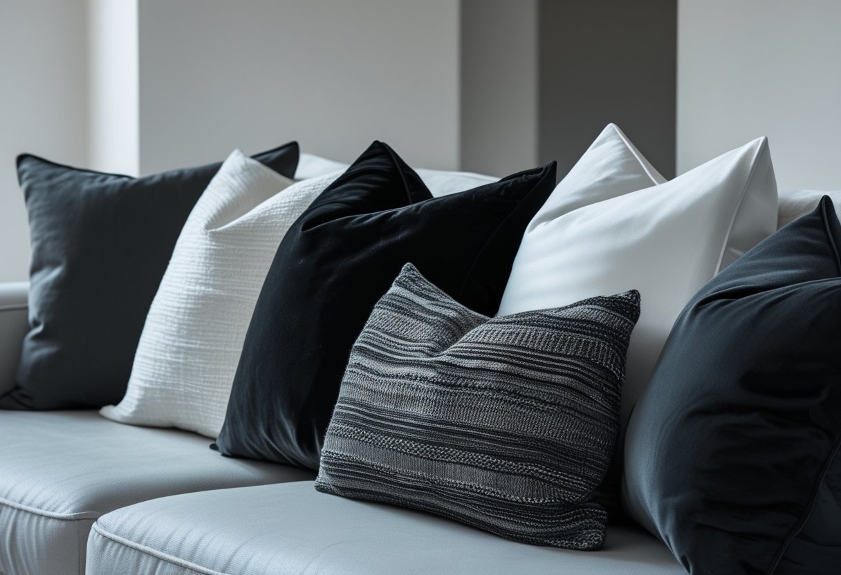 22 Stunning Minimalist Living Room Ideas To Maximize Space And Style 14 minimalist living room ideas monochrome throw pillows varying textures velvet linen knit sofa close up detail