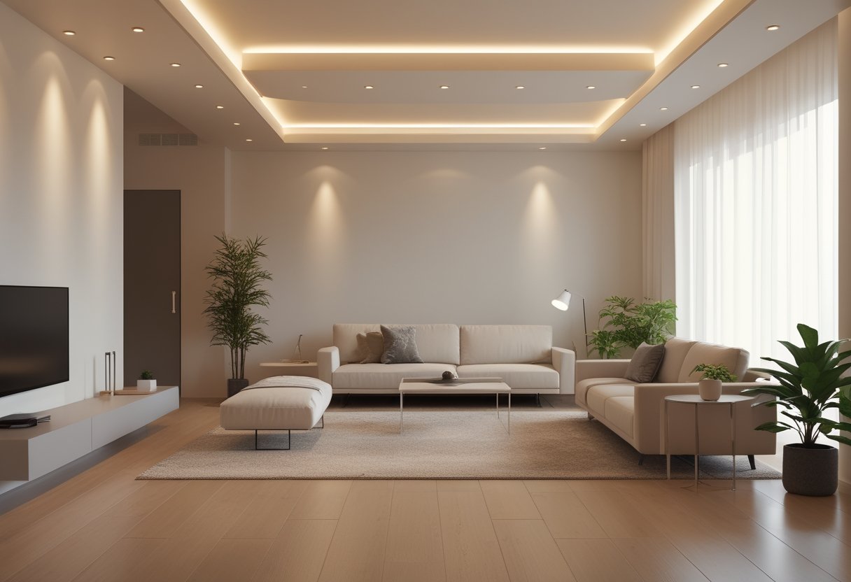 22 Stunning Minimalist Living Room Ideas To Maximize Space And Style 15 minimalist living room ideas recessed warm LED ceiling lights sofa coffee table soft natural light clean ceiling