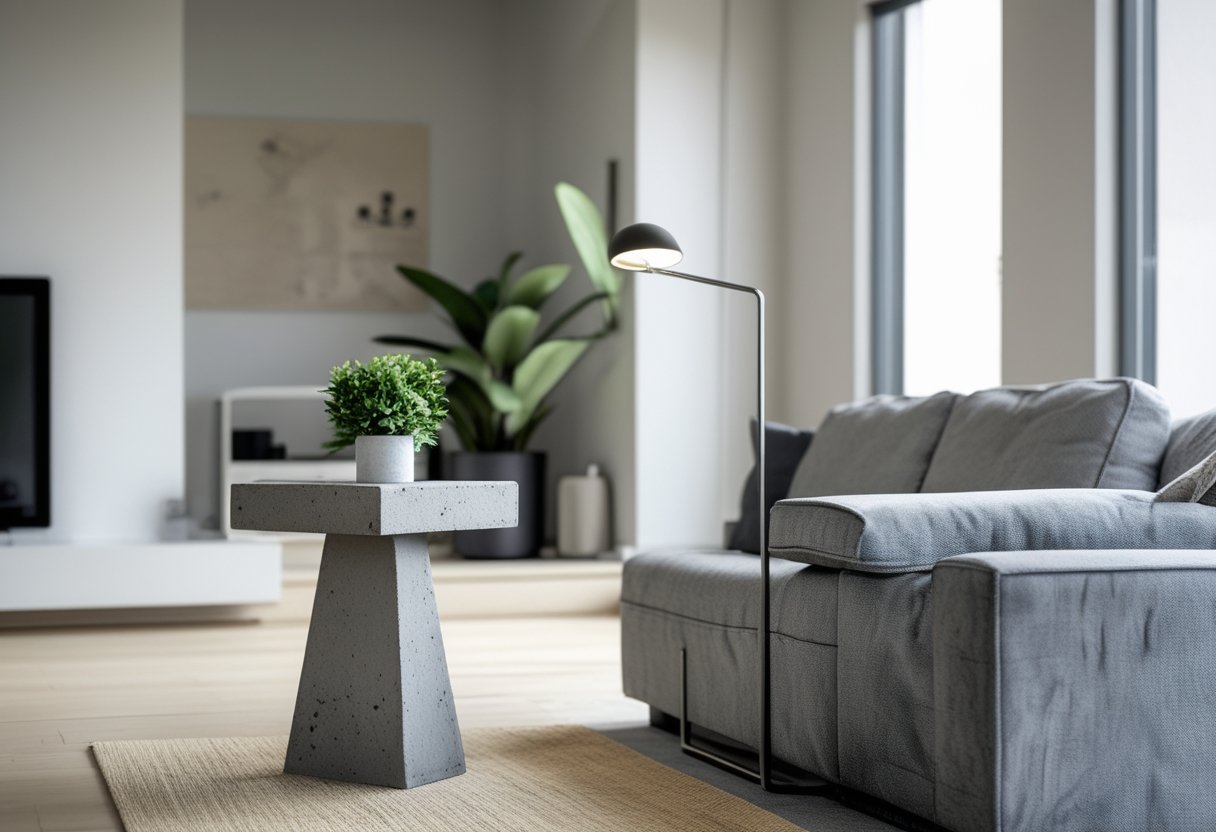 22 Stunning Minimalist Living Room Ideas To Maximize Space And Style 16 minimalist living room ideas concrete side table sofa lamp small plant large windows natural light industrial touch