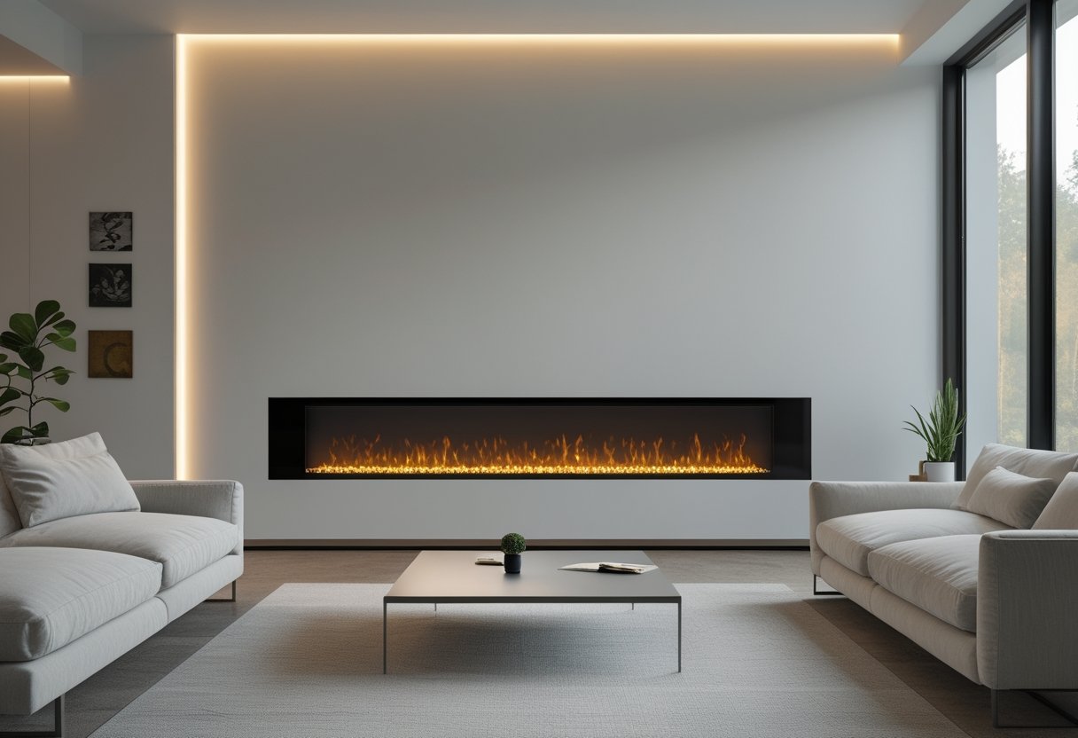 22 Stunning Minimalist Living Room Ideas To Maximize Space And Style 17 minimalist living room ideas wall mounted linear electric fireplace sofa coffee table large windows natural light clean design