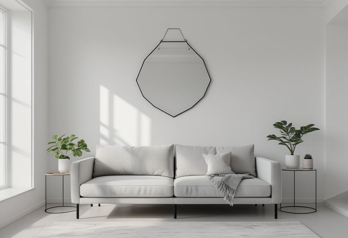 22 Stunning Minimalist Living Room Ideas To Maximize Space And Style 18 minimalist living room ideas simple geometric mirror above sofa natural light bright living room clean design