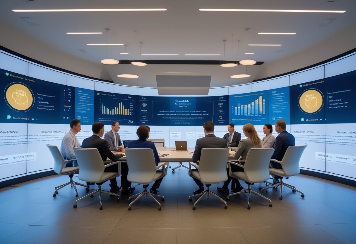 Ruang rapat bank modern dengan meja konferensi besar, kursi nyaman, layar digital besar, dan eksekutif yang sedang berdiskusi menggunakan perangkat teknologi.