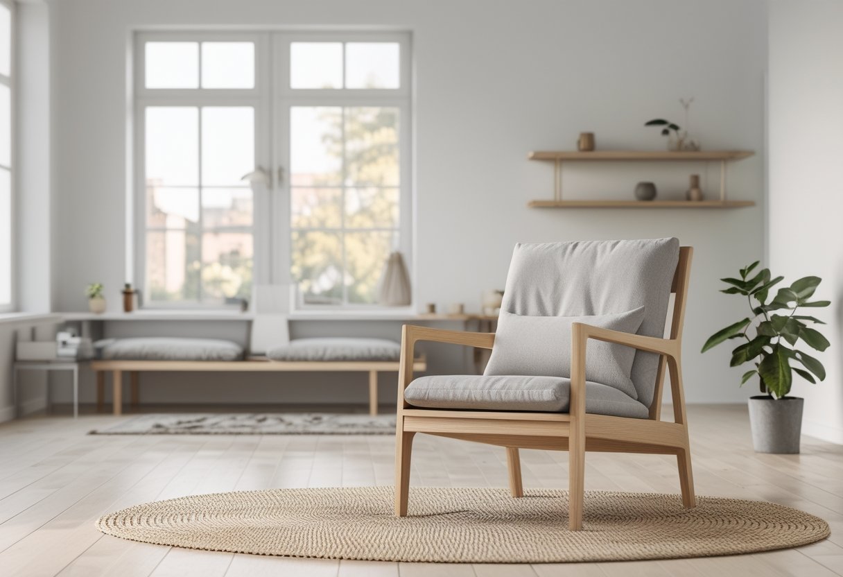 22 Stunning Minimalist Living Room Ideas To Maximize Space And Style 20 minimalist living room ideas scandinavian accent chair light oak small plant cosy rug hardwood floor bright room