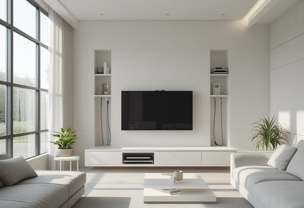 22 Stunning Minimalist Living Room Ideas To Maximize Space And Style 21 minimalist living room ideas hidden cord management wall mounted TV furniture sofa coffee table natural light clean walls