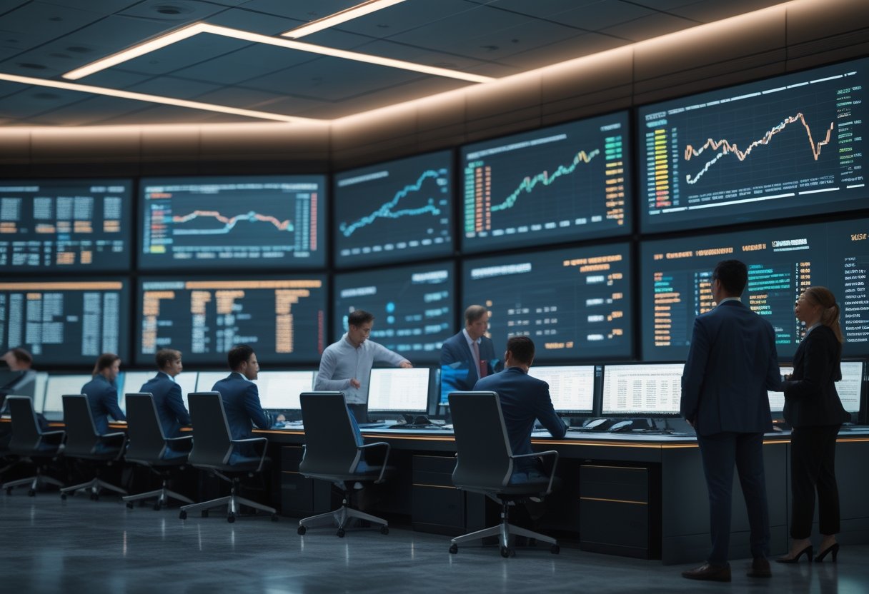Ruang komando perbankan modern dengan beberapa profesional yang bekerja sama di depan layar besar menampilkan data keuangan.