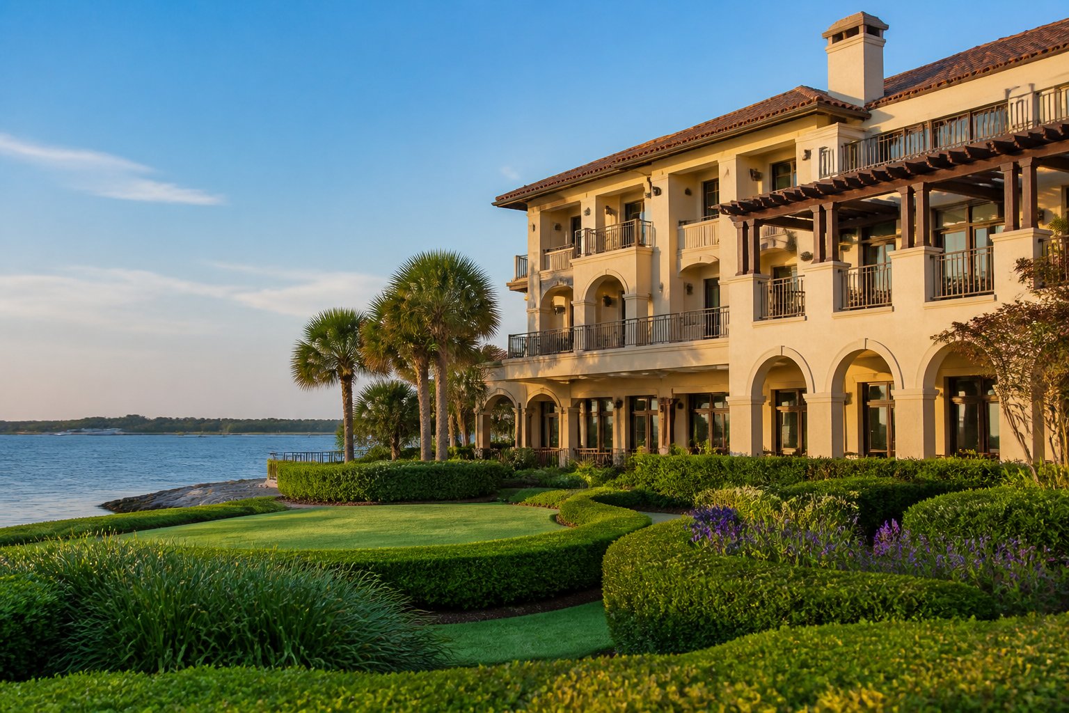 The exterior of a luxury coastal hotel with elegant architecture, manicured gardens, and calm blue water in the background.