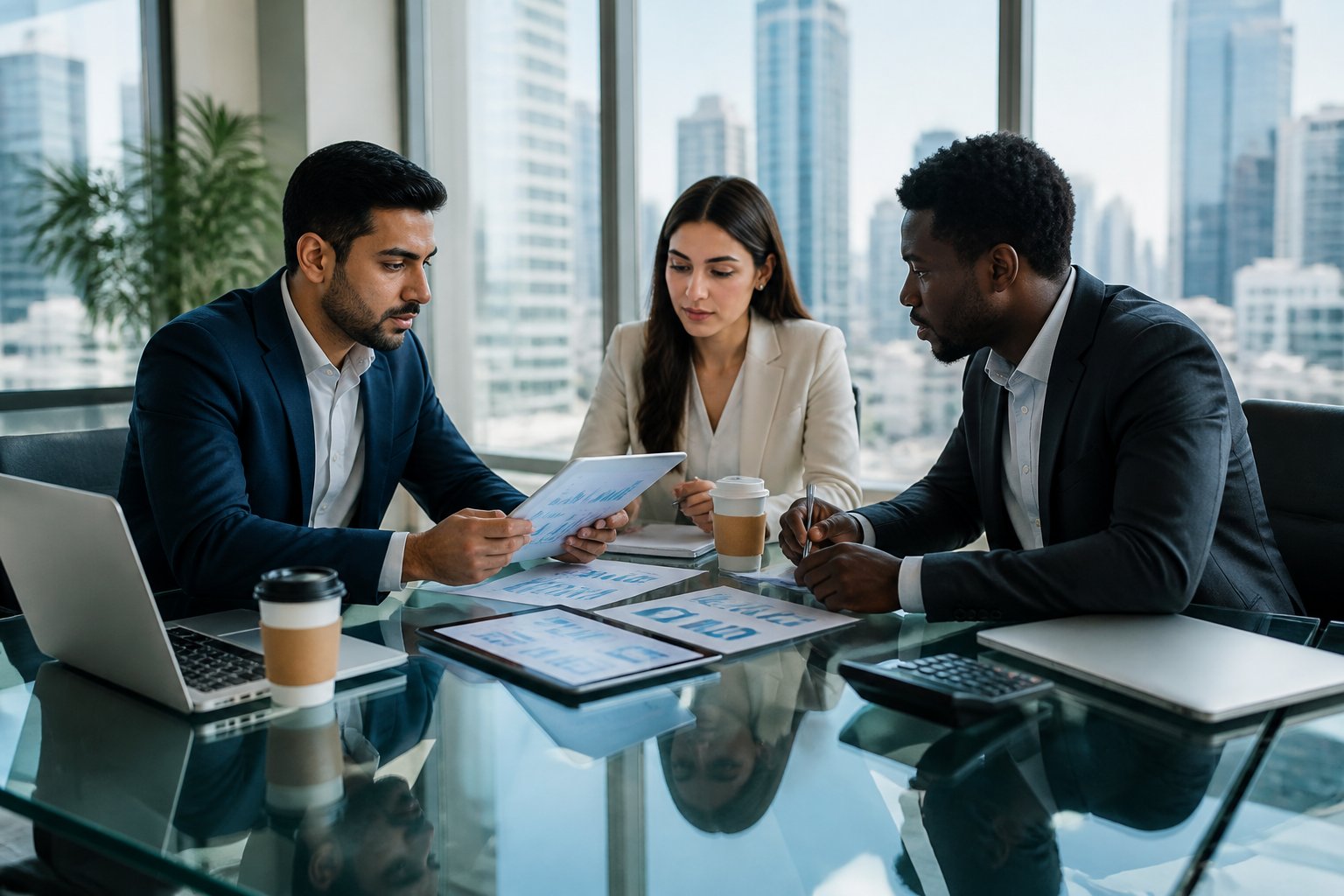 Three business professionals reviewing financial documents and digital data charts together in a modern office conference room.