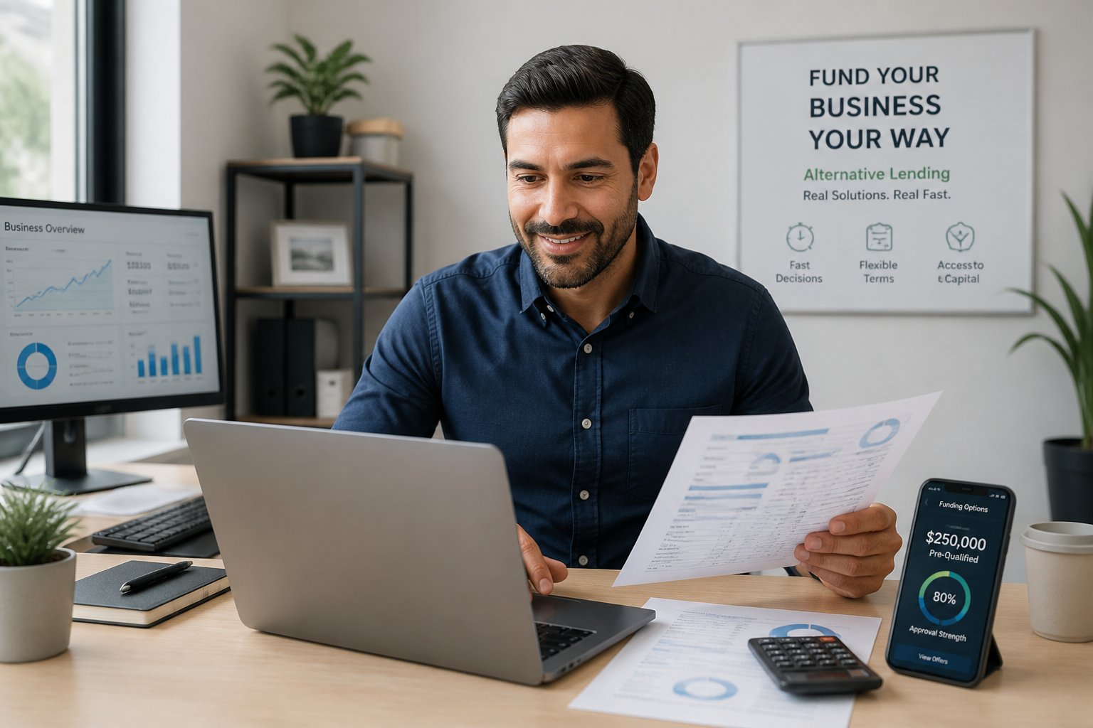 A small business owner working on a laptop with financial documents and a smartphone in a modern office.