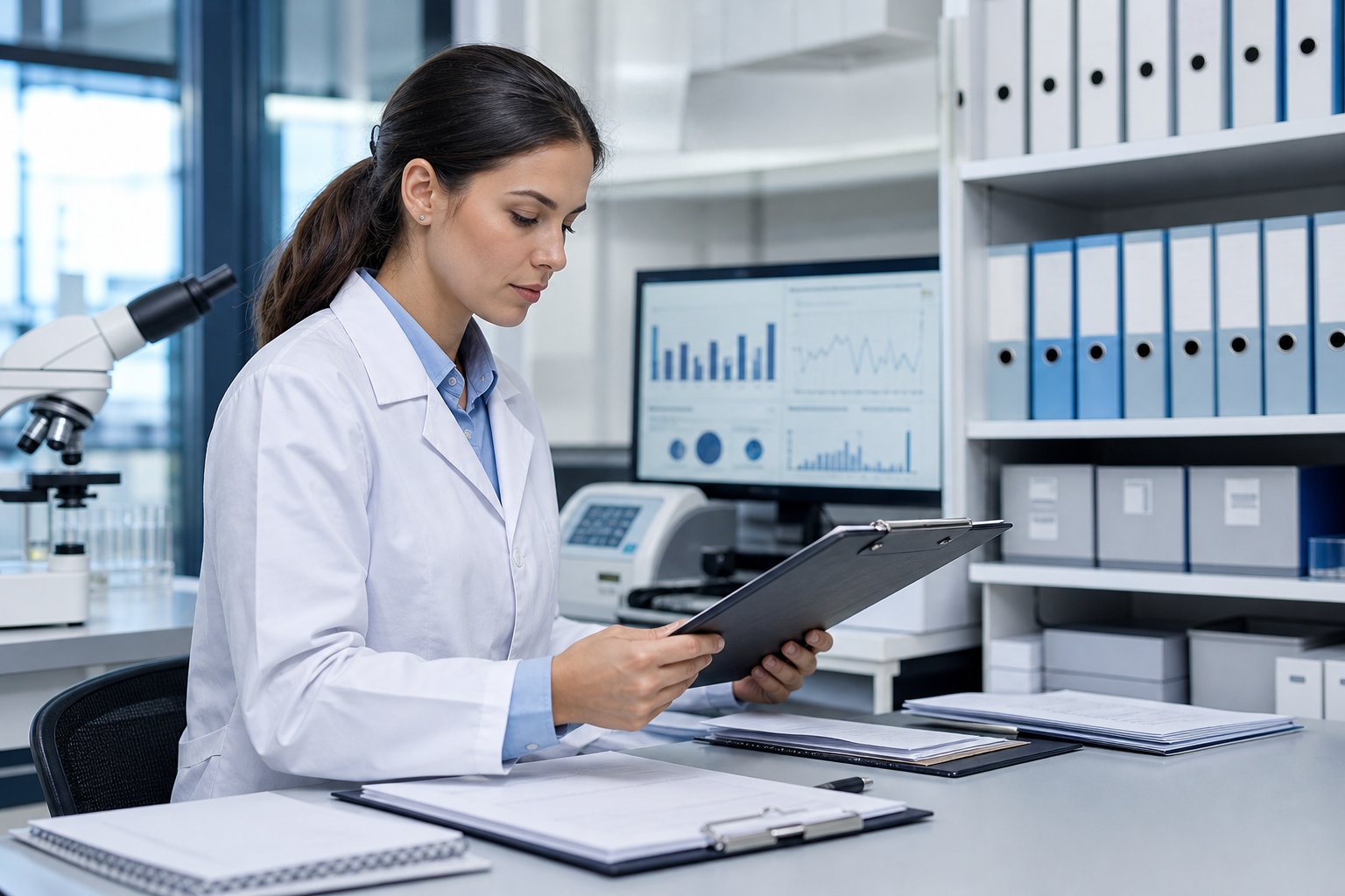 A person reviewing technical documents in a clean laboratory workspace with organized binders and a computer showing data charts and considering ISO 17025 Technical records requirements.