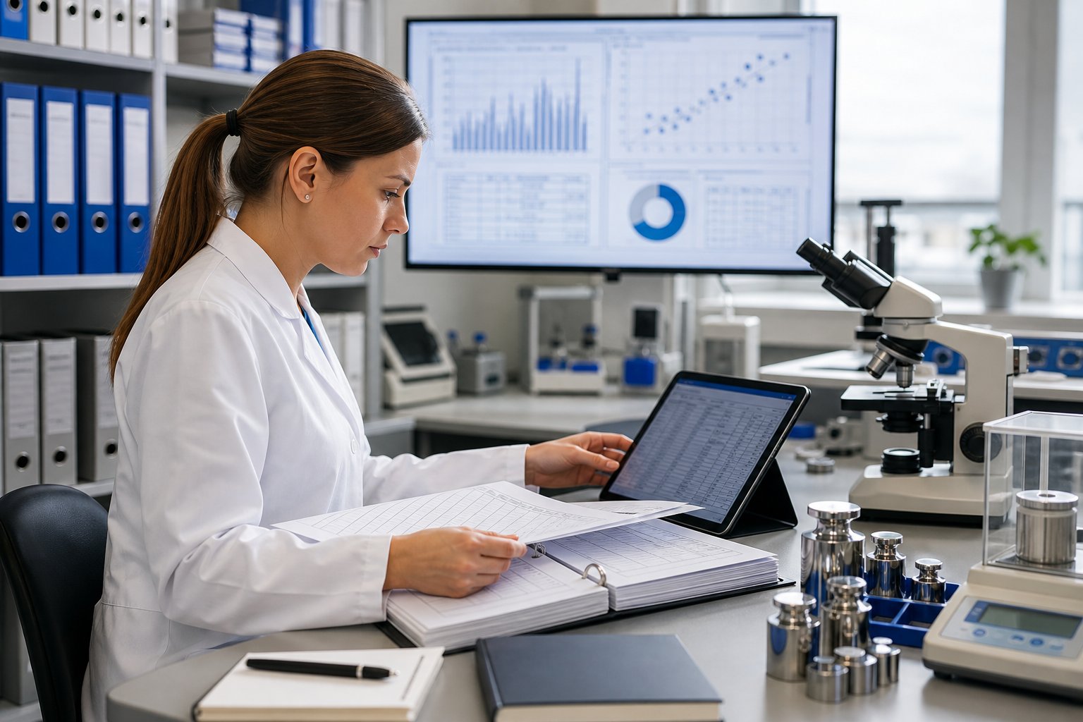 A scientist in a lab coat reviewing technical documents and digital records in a clean laboratory with scientific instruments and organized folders and considering ISO 17025 Technical records requirements.