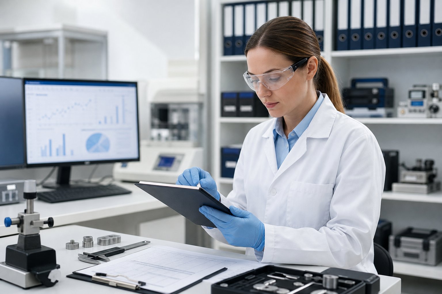 A lab technician in a white coat reviewing documents in a clean laboratory with shelves of binders and calibration equipment and considering ISO 17025 Technical records requirements.