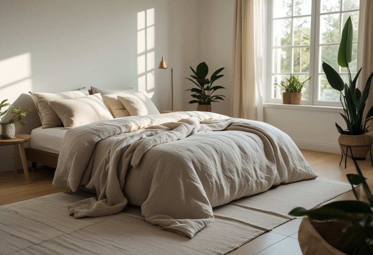 21 Beautiful Organic Textiles For Bedroom: Cozy Sustainable Fabrics To Transform Your Sleep Space 3 organic textiles for bedroom linen tales belgian flax linen duvet cover natural bedding plants wooden furniture bright bedroom