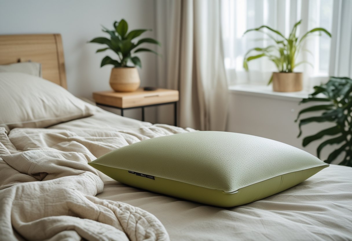 21 Beautiful Organic Textiles For Bedroom: Cozy Sustainable Fabrics To Transform Your Sleep Space 4 organic textiles for bedroom avocado organic latex pillow natural colored bedding softly lit bedroom wooden nightstand plant