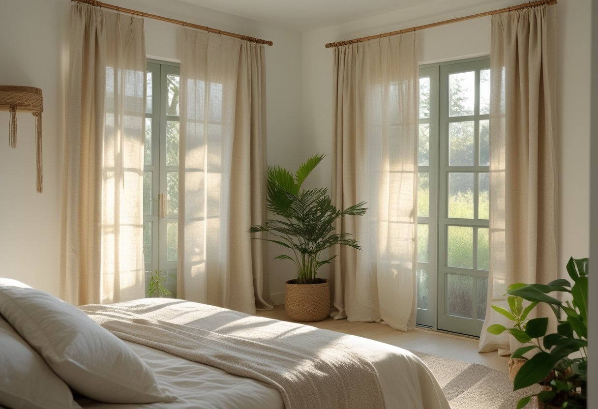 21 Beautiful Organic Textiles For Bedroom: Cozy Sustainable Fabrics To Transform Your Sleep Space 11 these eco-friendly fabrics snugfabrik organic hemp curtains light beige filtering sunlight natural linens green plants bright bedroom